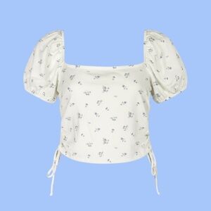 Hollister Y2K Floral Top Sz L Puff Short Sleeve Crop Milkmaid Coquette White